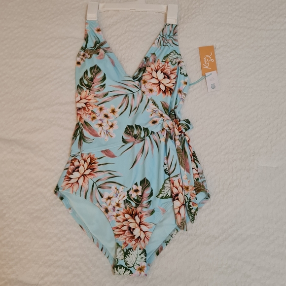 Kona Sol-Wrap-Front High Coverage One Piece Swimsuit,light blue Tropical Print - Picture 3 of 11
